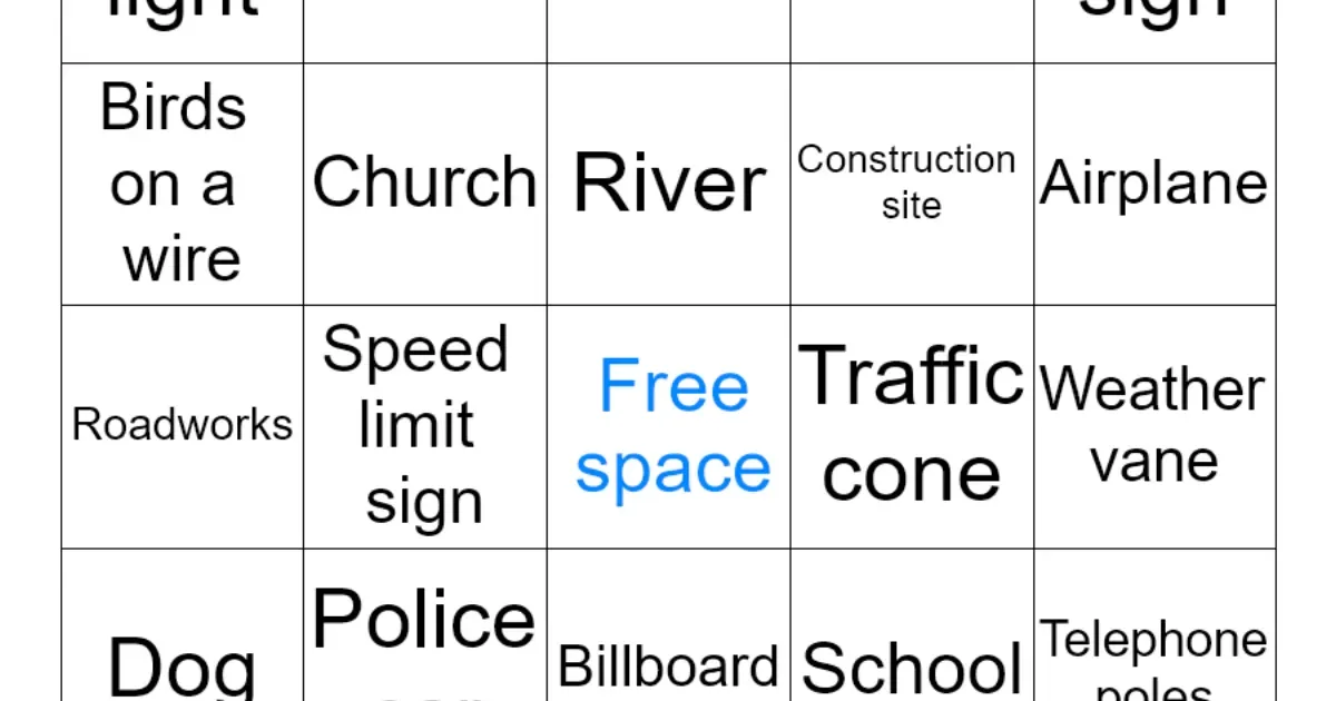 Road trip bingo card with traffic items like stop sign, police car, gas station