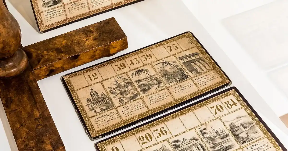 Museum display of vintage board games including bingo